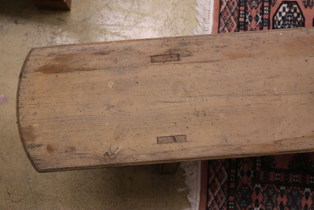 A French provincial painted six leg bench seat, length 259cm, height 44cm